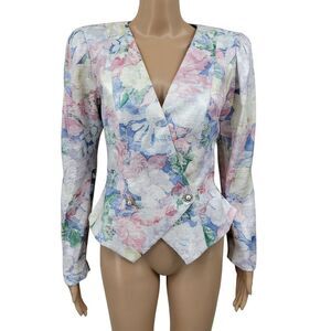 Ann Hobbs Vintage 80s Pastel Floral Tapestry Hourglass Peplum Blazer